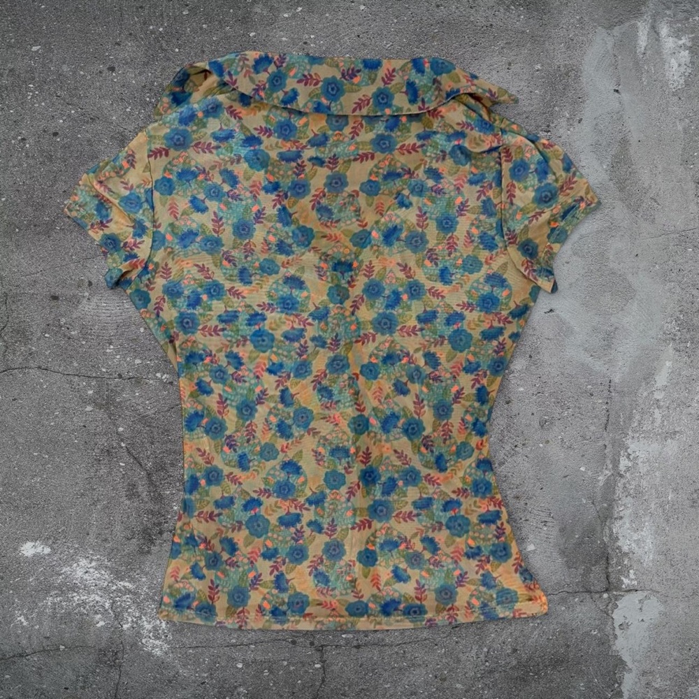 Boho Fairycore Mesh Floral Top Cottagecore Hippie Earthy Y2K Button Front - Picture 5 of 6